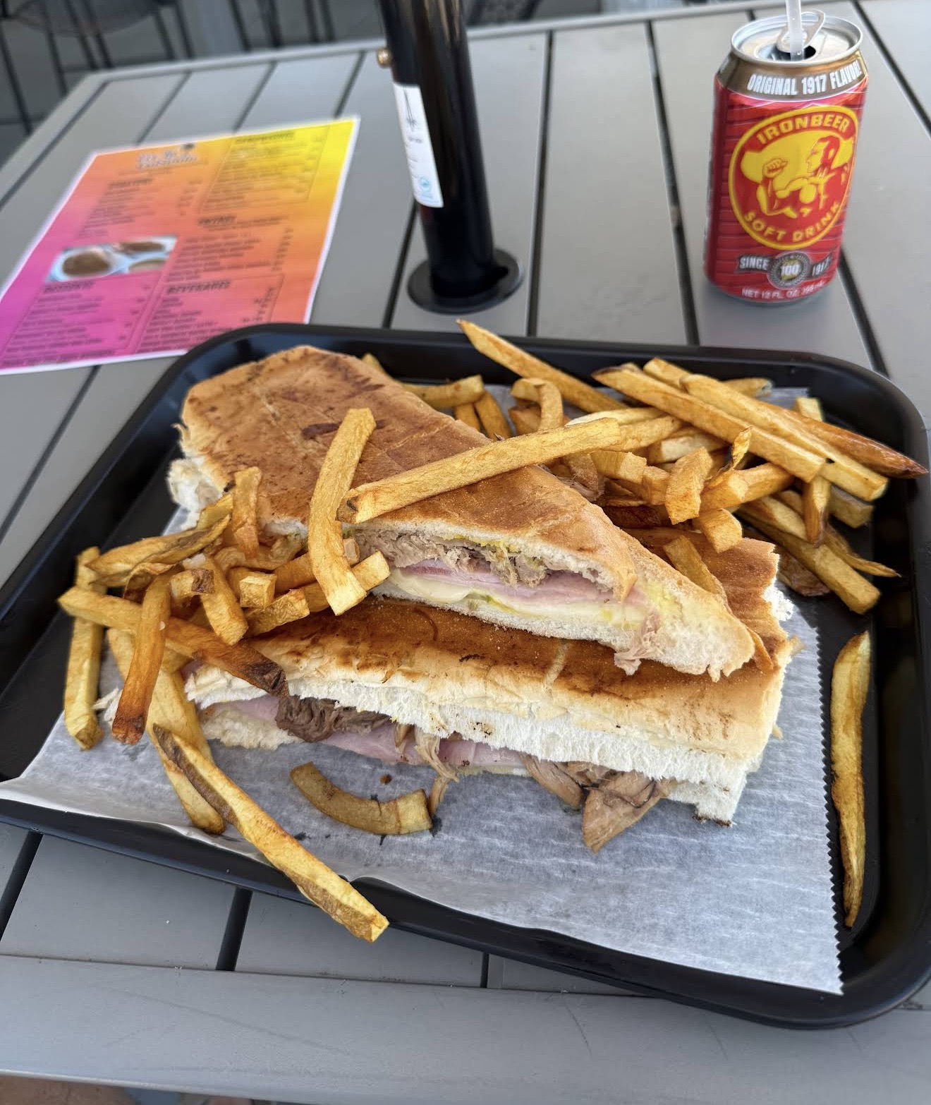Cuban sandwich with fries and Iron Beer