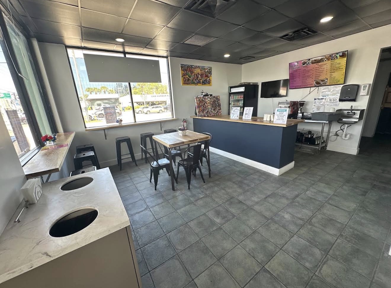 Inside the café — counter and tables